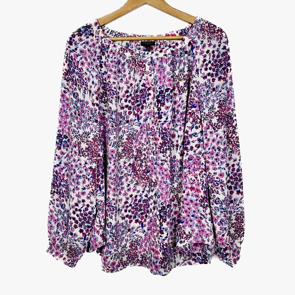 TALBOTS PLUS 1x White, Pink, and Purple Floral Button Peasant Style Boho Blouse
